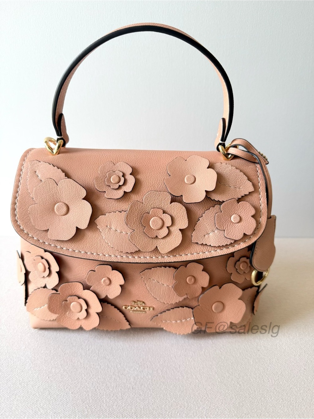NWT Coach Emory Floral Appliqué Top Handle Bag Leather Crossbody Gold/Light Pink